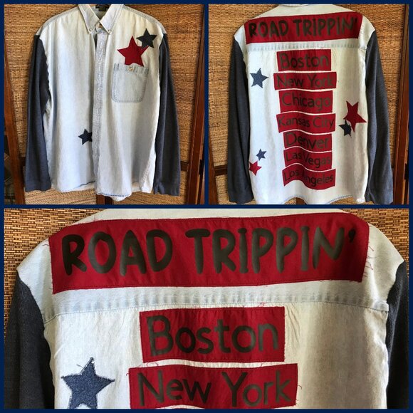 Upcycled Denim Road Trip Shirt: Patchwork Stars, Waffle Knit Sleeves (Unisex XL) - Picture 12 of 12